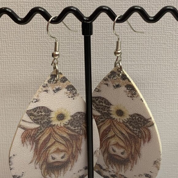 Cow Earring, Highland Bull Earring, Boho Earring, Leopard Print Earring, Flower - Picture 4 of 5